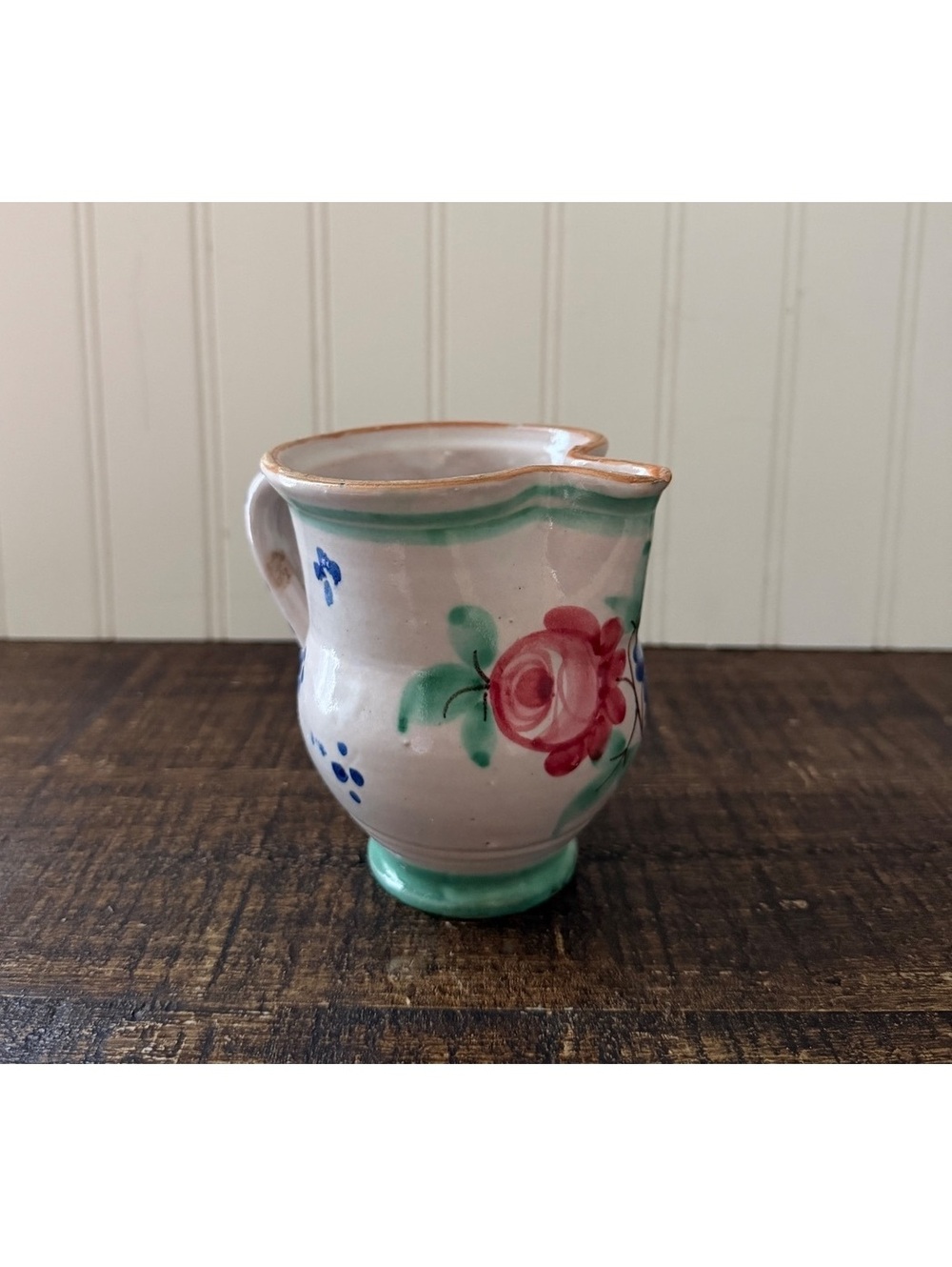 Vintage Vanro Italy Majolica Pitcher Hand Painted Floral MCM Italian Pottery